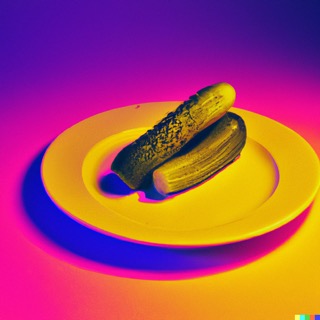 serving of a dill pickle
                                on a plate in a synthwave style