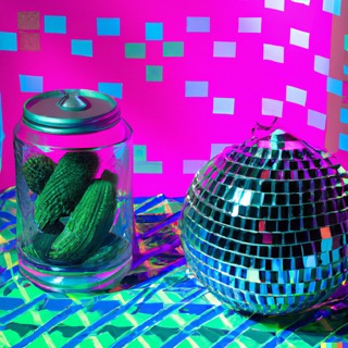 vaporwave jar of dill
                                pickles next to disco ball