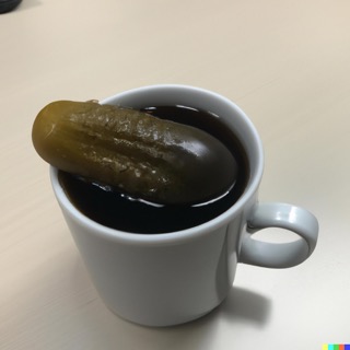 a dill pickle in a cup of
                                black coffee