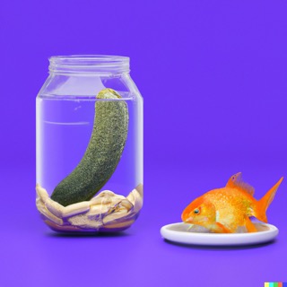 photorealistic render of a
                                dill pickle next to a goldfish in a round
                                aquarium filled with blue gatorade against a
                                violet background