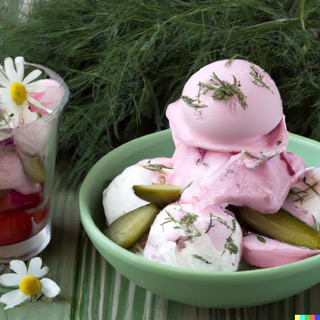 strawberry ice cream with
                                marshmallow and dill pickles